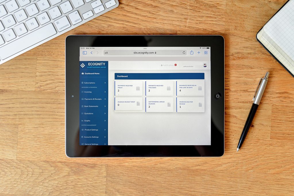 The Small Business Server dashboard shown on a tablet