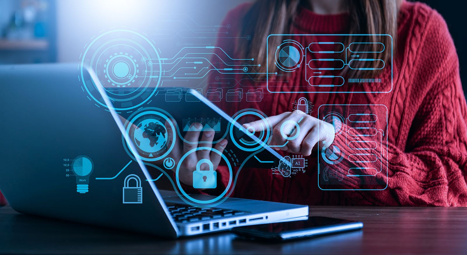A person working on a laptop with workflow and automation icons overlaid